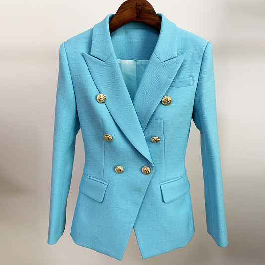 Runway Designer Blazer Women Classic Lion Buttons Double Breasted Slim Fitting Textured Blazer Jacket