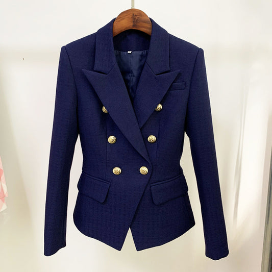 Runway Designer Blazer Women Classic Lion Buttons Double Breasted Slim Fitting Textured Blazer Jacket