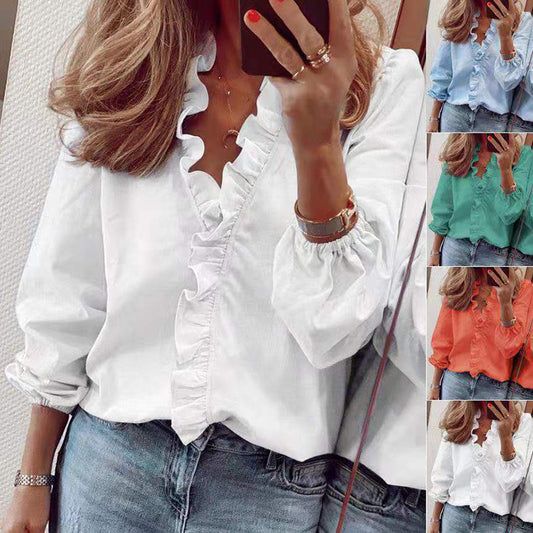 PlusSister 2022 Spring Elegant Ruffles Women Shirt Blouses Casual V Neck Long Sleeve Loose Female Tunic White Blouses For Women